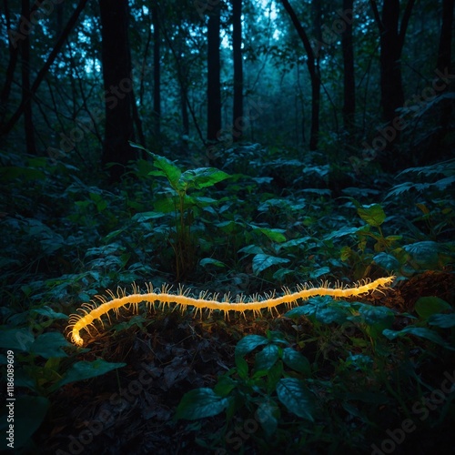 A luminescent centipede glowing in a dark, enchanted forest surrounded by mystical plants. photo