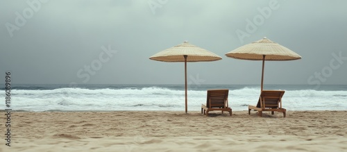 Wooden parasols and vacant ...