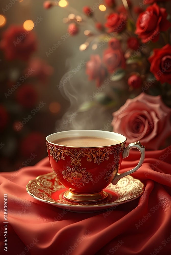 Fototapeta premium A steaming cup of tea in a delicate, ornate porcelain cup and saucer rests on a rich red fabric, with a bouquet of red roses adding a touch of elegance