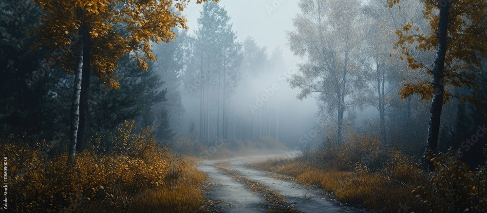 autumn path in a foggy forest morning. with copy space image. Place for adding text or design autumn path in a foggy forest morning. with copy space image. Place for adding text or design