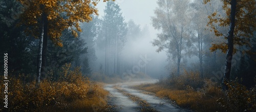 autumn path in a foggy fore...