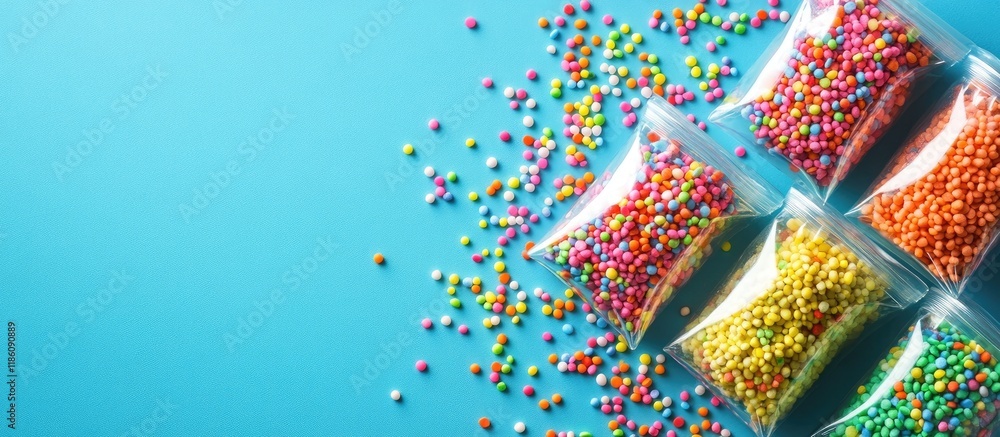 Fototapeta premium Colorful sugar sprinkles packaged on a blue background Top view of dessert toppings. with copy space image. Place for adding text or design