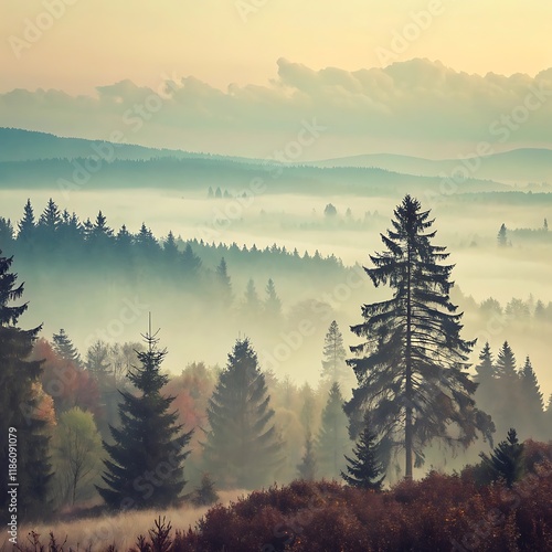 Misty landscape with fir fores photo