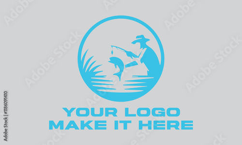 Fisherman catching large leaping light blue fish. Ideal for fishing websites, outdoor magazines, seafood restaurants, and naturethemed designs