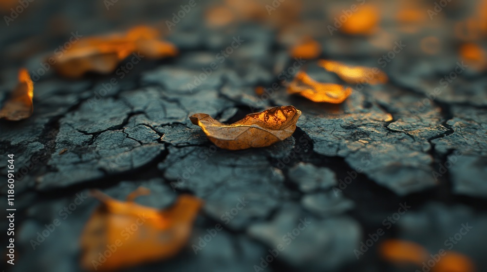 Cracked Dry Earth with Ash-Covered Leaves, Close-Up Details of Parched Landscape, Nature's Resilience and Beauty Cracked Dry Earth with Ash-Covered Leaves, Close-Up Details of Parched Landscape, Nature's Resilience and Beauty