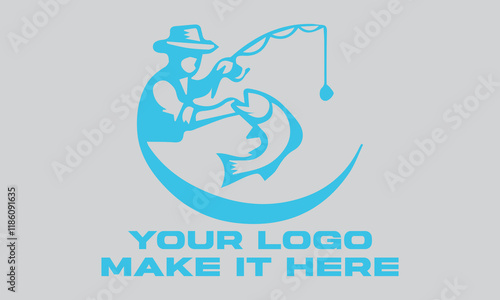 Fisherman catching large leaping light blue fish. Ideal for fishing websites, outdoor magazines, seafood restaurants, and naturethemed designs