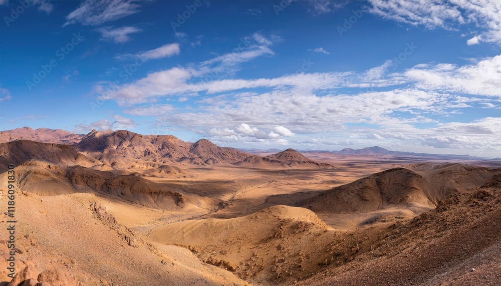 Vast desert landscape with mountains under a bright blue sky and scattered clouds. Nature and wilderness concept Vast desert landscape with mountains under a bright blue sky and scattered clouds. Nature and wilderness concept