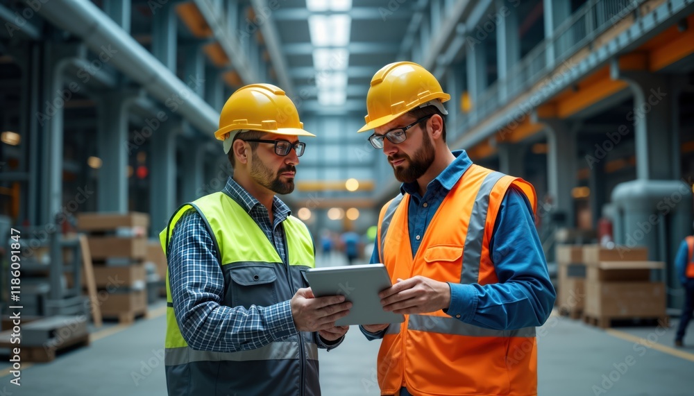 Two industrial workers in safety gear discuss project details using tablet. Stand in modern factory environment. Collaboration, communication key aspects of work. Expertise, teamwork important for Two industrial workers in safety gear discuss project details using tablet. Stand in modern factory environment. Collaboration, communication key aspects of work. Expertise, teamwork important for