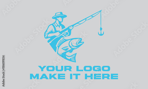 Fisherman catching large leaping light blue fish. Ideal for fishing websites, outdoor magazines, seafood restaurants, and naturethemed designs