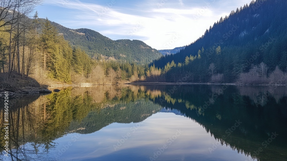 Fototapeta premium A calm reservoir reflecting a nearby forest, with sunlight filtering through the trees.