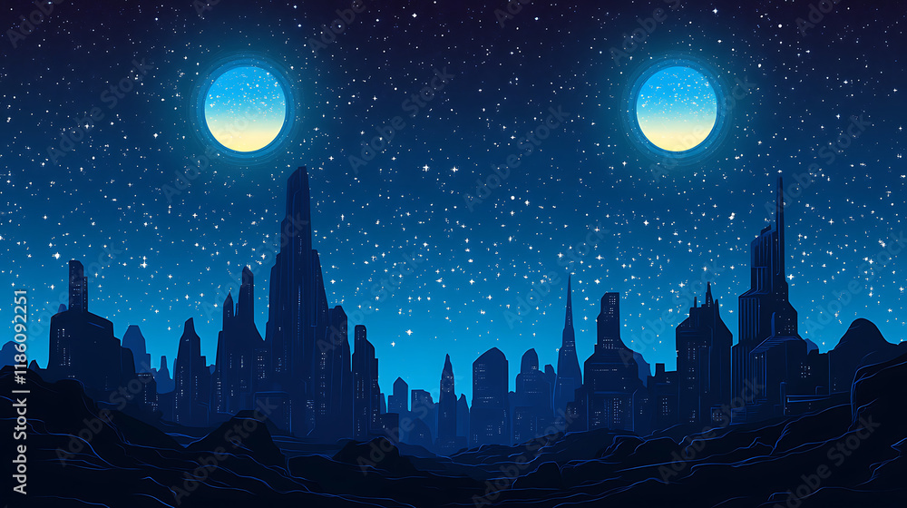 Naklejka premium A futuristic cityscape under a starry sky with two moons.