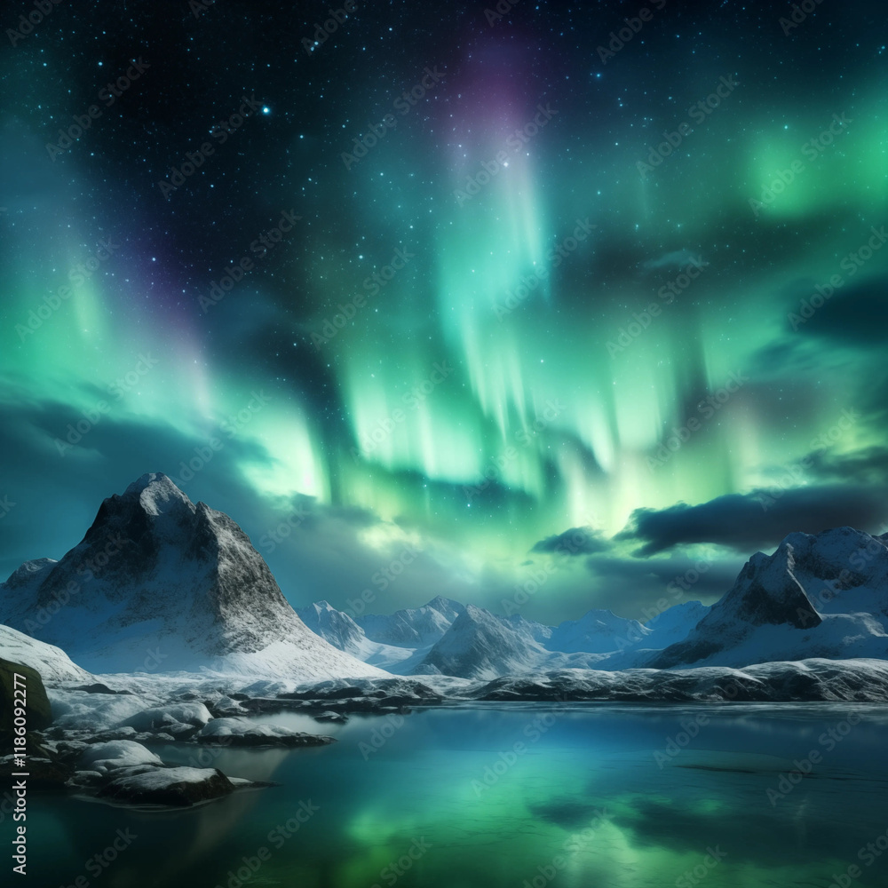 Aurora Borealis over Snowy Mountains and Calm Lake Aurora Borealis over Snowy Mountains and Calm Lake