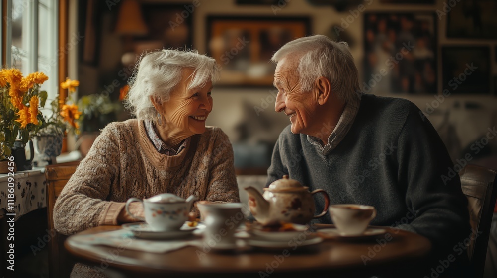 Older couple enjoys tea and stories in a warm dining room filled with family memories Older couple enjoys tea and stories in a warm dining room filled with family memories