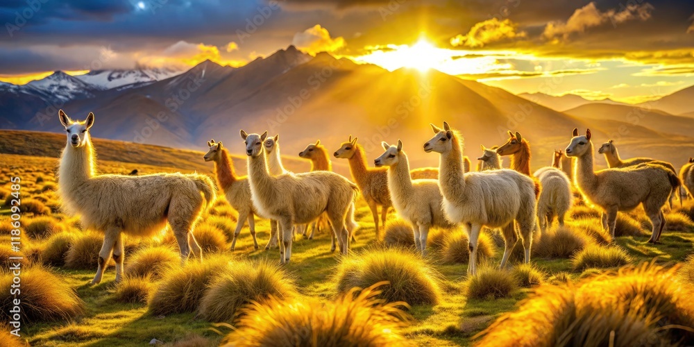 Naklejka premium Majestic llama herd dominates the frame, showcasing Andean wildlife in a balanced composition.