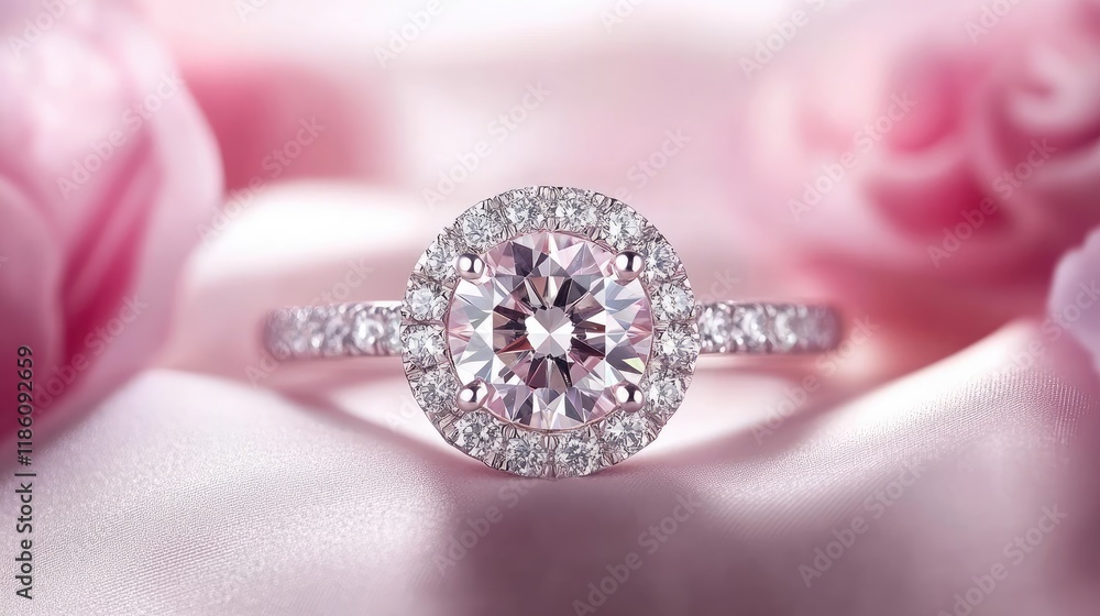 A close-up shot of an engagement ring with a sparkling diamond on a satin background, glowing under soft lighting. A close-up shot of an engagement ring with a sparkling diamond on a satin background, glowing under soft lighting.