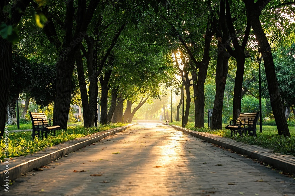 Sunset in the park with benches and trees on the sides Sunset in the park with benches and trees on the sides