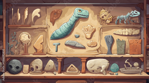 Archeology museum design elements set isolated on white background. Contemporary cartoon vector illustration of dinosaur skull and skeleton, stone age tools and weapon, amulet, fossil footprints photo