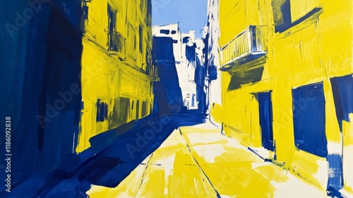 Post-impressionist cityscape with exaggerated perspective, buildings bend and flow. Intense yellow highlights contrast deep blue shadows, brushstrokes follow architectural forms. photo