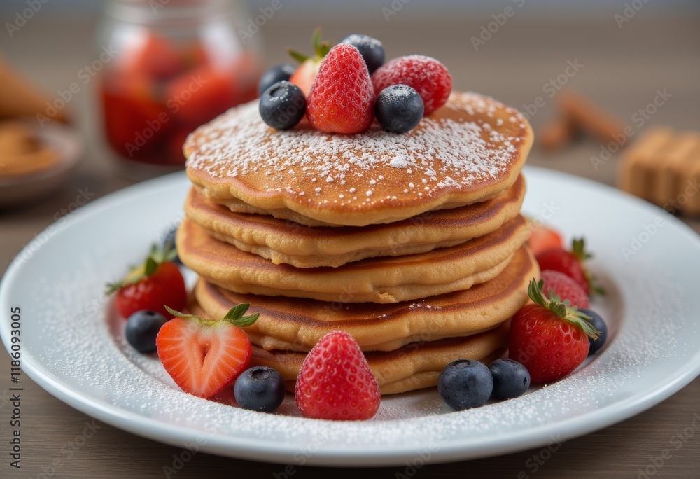 Stack of pancakes with fresh strawberries, blueberries, and syrup. Stack of pancakes with fresh strawberries, blueberries, and syrup.