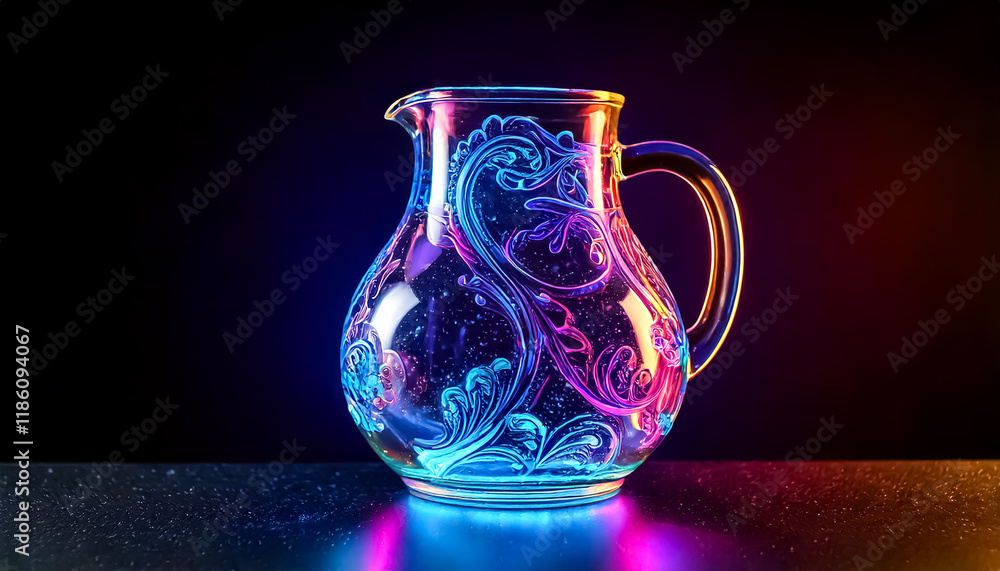 colorful glowing neon transparent patterned jug, dark background colorful glowing neon transparent patterned jug, dark background