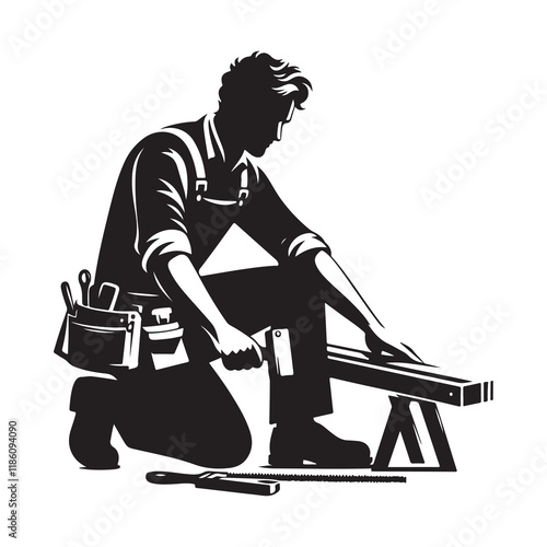 Carpenter Silhouette Vector Illustration, Solid White Background.