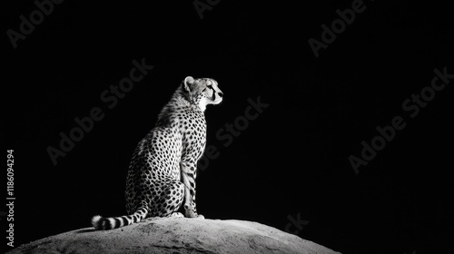 A lone cheetah sitting on a mound, scanning the horizon for prey with focused intensity.