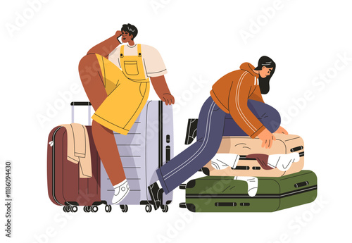 Tourists with suitcases, packing clothes into travel bag and speaking on phone. Friends preparing baggage, luggage. Passengers before departure. Flat vector illustration isolated on white background