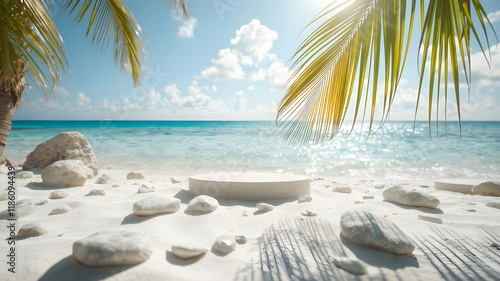 Wallpaper Mural 3D Podium with Copy Space. Serene Tropical Beach with Palm Trees, Beautiful Stones and Modern White Podium for Product Showcase. Generative AI. Torontodigital.ca