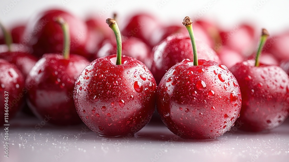 Close-up of fresh, red cherries with water droplets. Close-up of fresh, red cherries with water droplets.