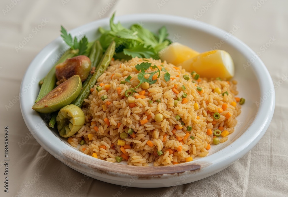Steamed rice with vegetables and broccoli on a patterned plate. Steamed rice with vegetables and broccoli on a patterned plate.
