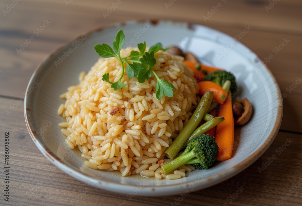 Steamed rice with vegetables and broccoli on a patterned plate. Steamed rice with vegetables and broccoli on a patterned plate.
