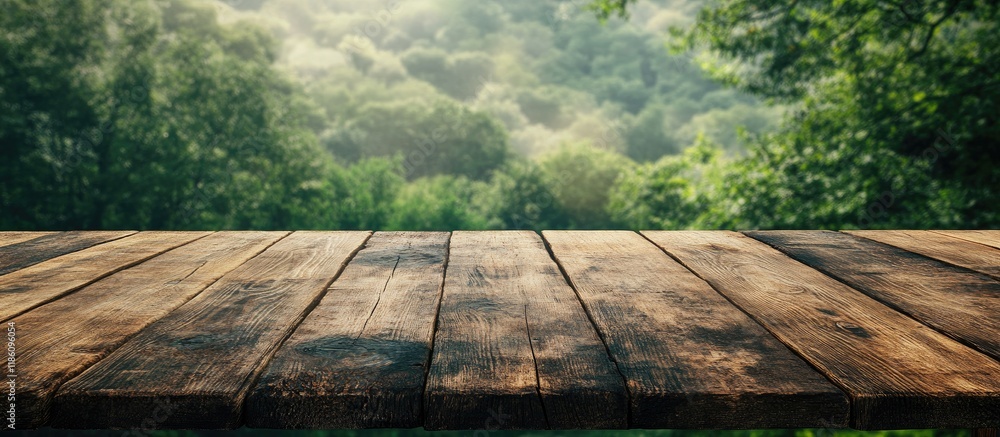 Fototapeta premium Vintage wooden table set against a natural backdrop. with copy space image. Place for adding text or design