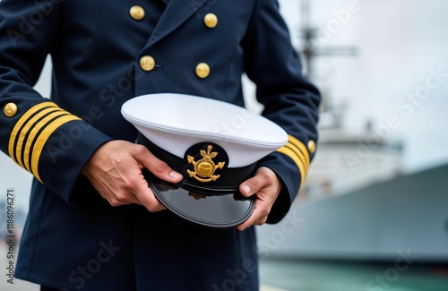 Naval officer holds white cap. Military uniform. Formal occasion by ship. Authority, respect. Naval officer, marine, ship, sea, officer, ship officer, naval personnel. Marine sailor hat. Military