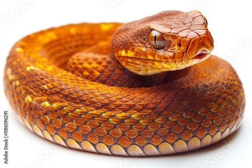 A vibrant orange snake coils gracefully, showcasing its intricate scales and striking features against a plain background.