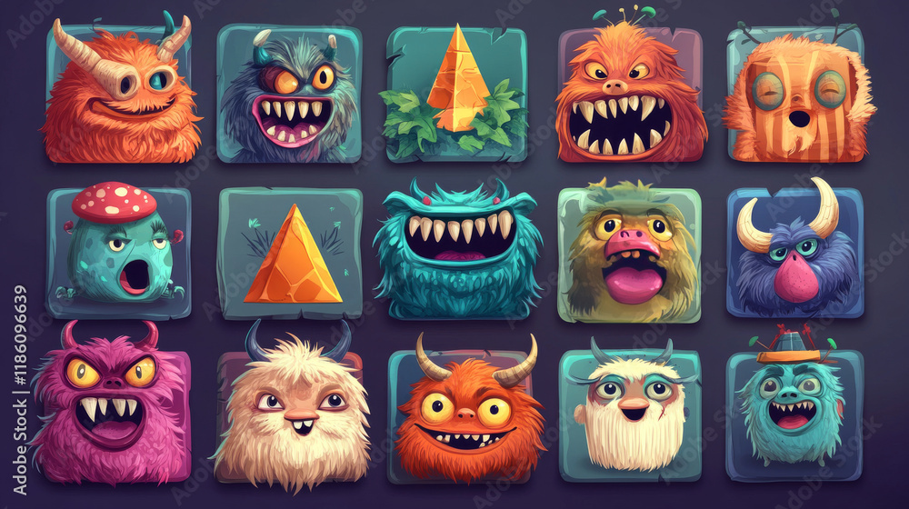 Contemporary avatars with funny comic creatures in square frames. Vector set of alien furry animals with teeth, horns, mushrooms and pyramid on head in trendy art style Contemporary avatars with funny comic creatures in square frames. Vector set of alien furry animals with teeth, horns, mushrooms and pyramid on head in trendy art style