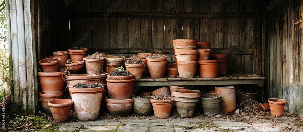 Old terracotta plant pots piled in a shed. with copy space image. Place for adding text or design Old terracotta plant pots piled in a shed. with copy space image. Place for adding text or design