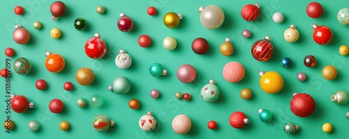 A collection of colorful Christmas ornaments scattered on a festive green background, creating a cheerful holiday vibe. Perfect for seasonal decorations and celebrating the joy of Christmas