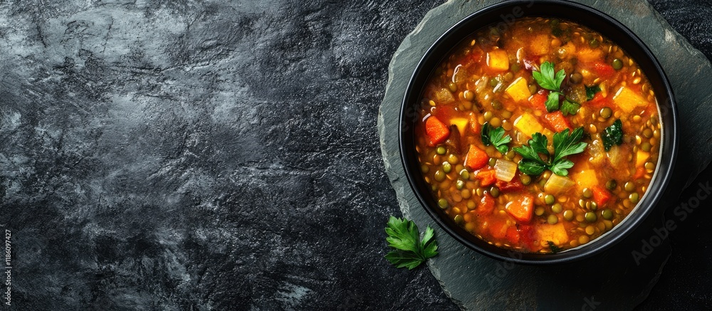 Italian vegetable lentil soup on a slate stone or concrete surface. with copy space image. Place for adding text or design