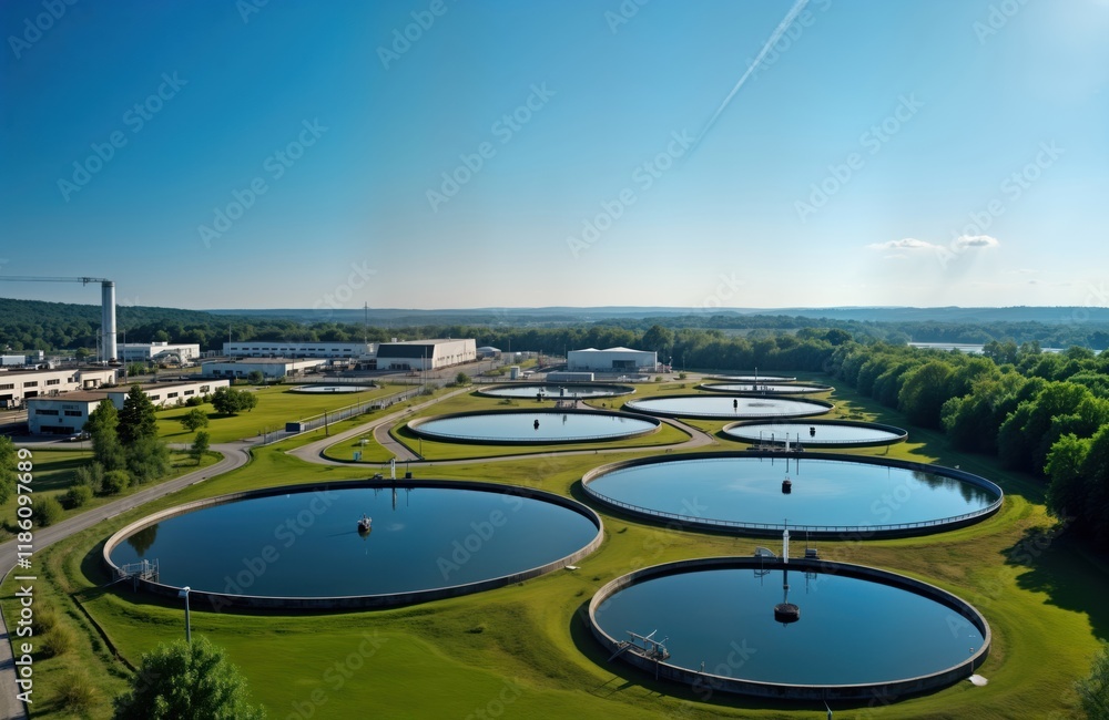 Fototapeta premium Aerial view of modern water treatment plant. Circular tanks process water. Eco-friendly tech for clean water. Infrastructure with buildings, pipes. Sustainable eco-system. Industrial area with