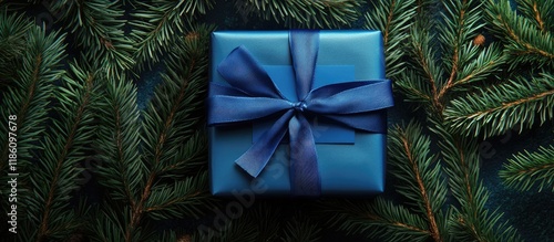 Gift box tied with a blue r...