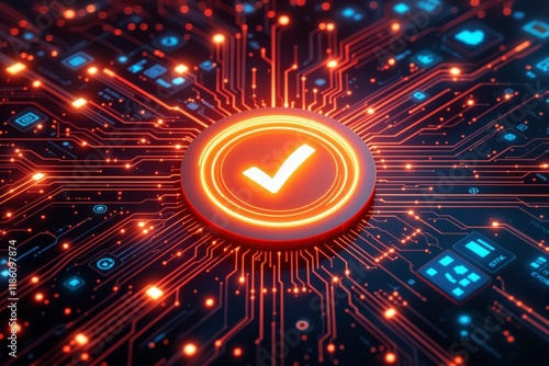 Glowing orange checkmark surrounded by intricate circuit lines on a dark digital background, representing technology, security, and validation. Ai generative