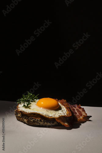 sunny-side eggs, artisanal sourdough, thick-cut bacon, herb garnish photo