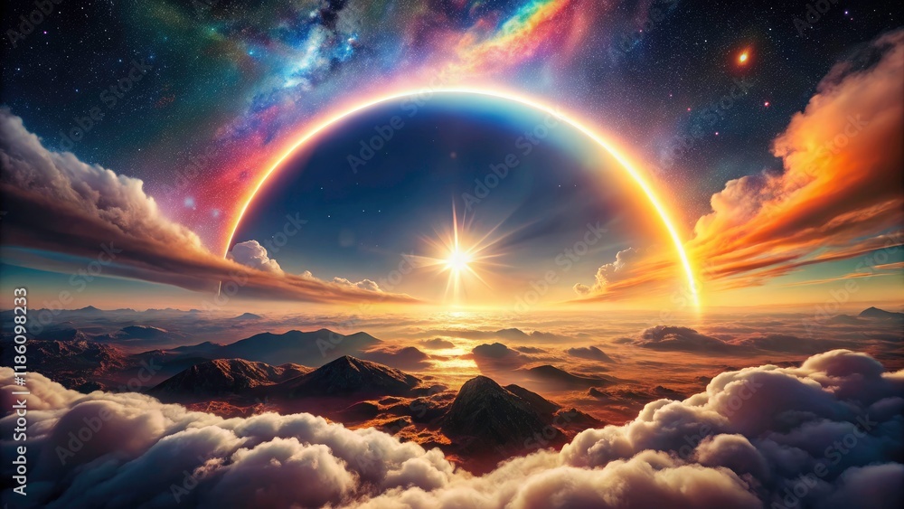 Solar eclipse bathed in double rainbow halo, a surreal cosmic panorama; astronomy photography meets fantasy. Solar eclipse bathed in double rainbow halo, a surreal cosmic panorama; astronomy photography meets fantasy.