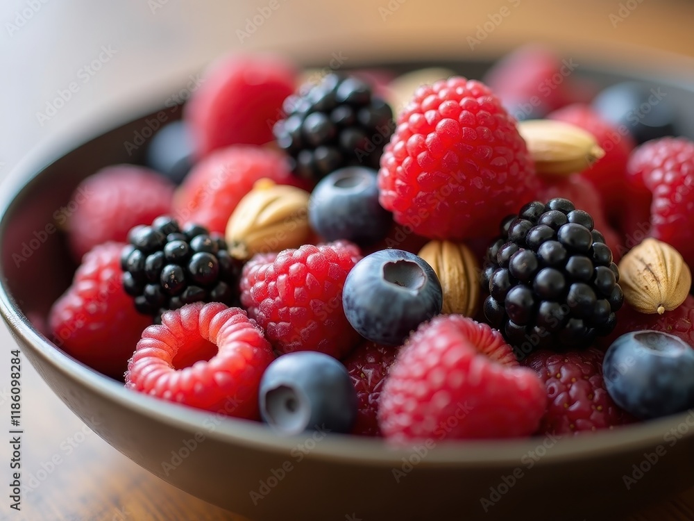 Fresh and vibrant bowl filled with assorted berries and nuts ready for a healthy snack Fresh and vibrant bowl filled with assorted berries and nuts ready for a healthy snack