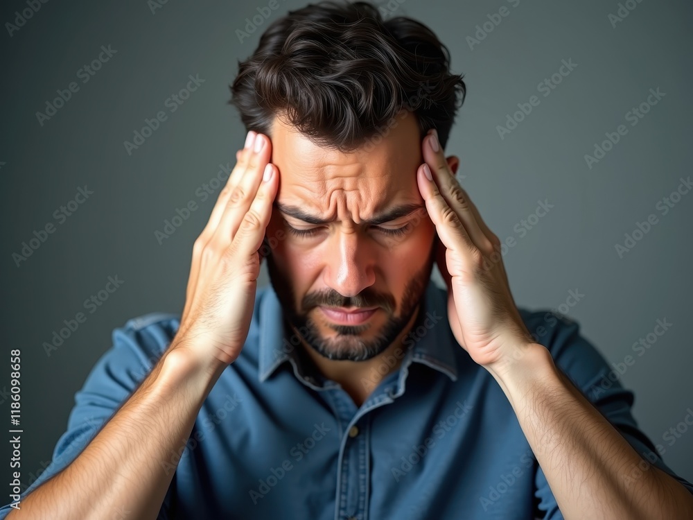 Man experiencing intense discomfort while holding his head in a calm environment Man experiencing intense discomfort while holding his head in a calm environment