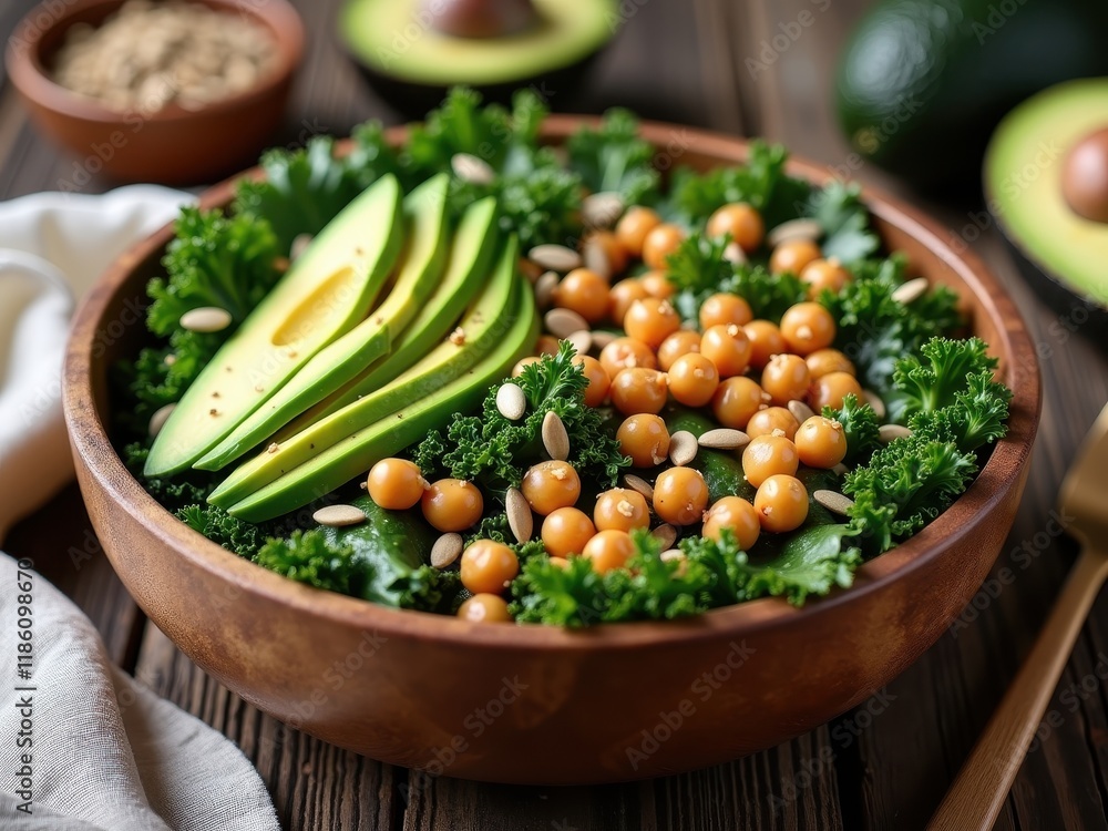 Fresh salad bowl with avocado, chickpeas, and leafy greens on wooden table Fresh salad bowl with avocado, chickpeas, and leafy greens on wooden table