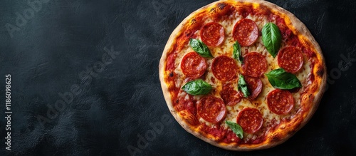 Pizza a well known and delicious Italian dish typically features a round flattened wheat base topped with tomato A top view showcases salami pizza topped with house salami basil and tomato featurin photo