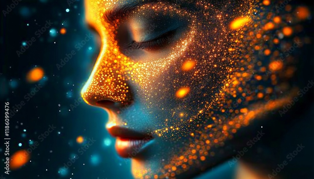 Visualize the essence of a person framed by artistic algorithmic elements. Visualize the essence of a person framed by artistic algorithmic elements.