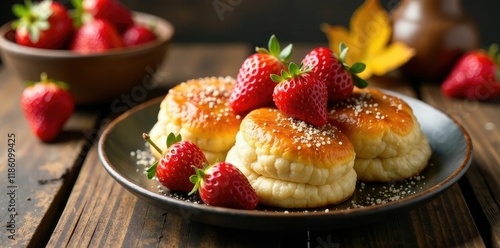 Vareniki filled with fresh strawberries on a rustic wooden table, autumn, , vareniki photo