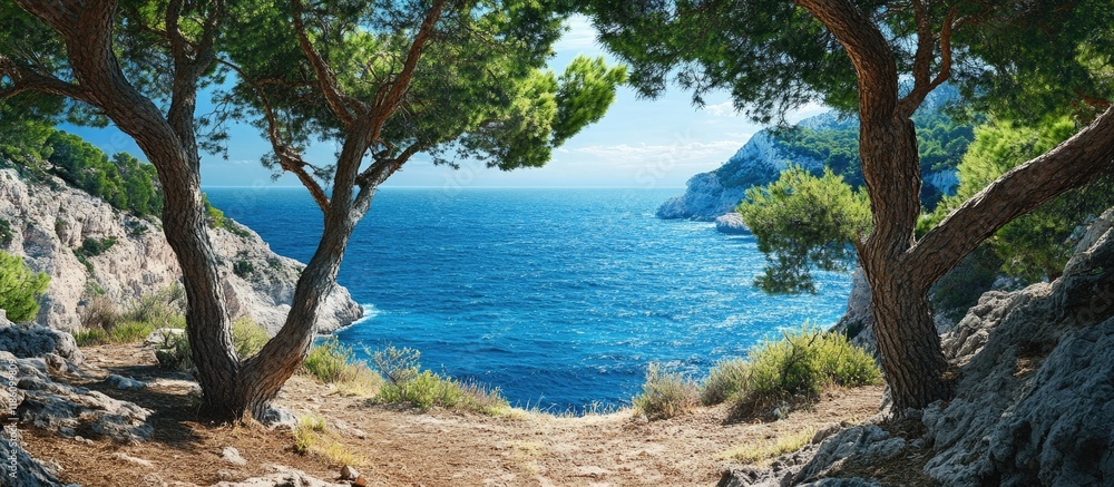 View through pine trees overlooking the deep blue sea Mediterranean flora and a blue seascape A summer scene with copy space View through pine trees overlooking the deep blue sea Mediterranean flora and a blue seascape A summer scene with copy space